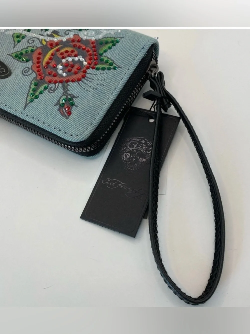 Ed Hardy Denim Wristlet Wallet with Red Rose and Heart Embellishment